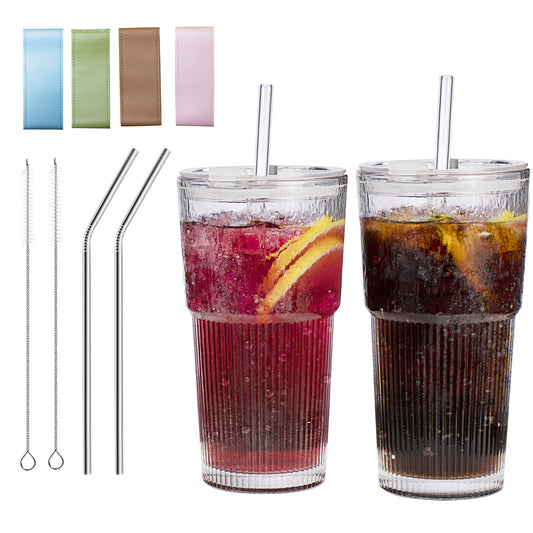2 pcs vertical striped glass water cup coffee cup, high appearance value, with lid, straw and brush, suitable for drinking water, coffee and milk